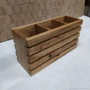Durable <b>Double</b> Wooden Caddy Thick Solid Build Vintage Design Perfect for Holding Utensils Cutlery Napkins Kitchen Accessories - Product Image 2