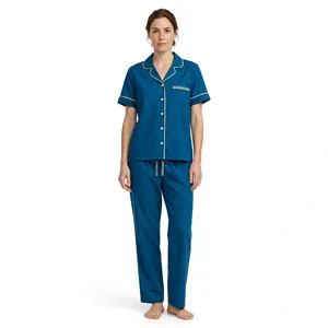 Conjunto de pijama de manga corta azul verde azulado para mujer, top con cuello con muescas y pantalones largos con ribete - Product Image 1