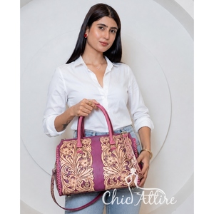Chic Attire Luxury for Hand-Tooled Floral Genuine Leather 15-Inch Duffel Weekender Travel <b>Bag</b> Zipper Closure Nylon - Product Image 1