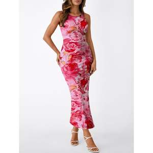 Robe longue moulante Queen Size pour femme FOXA robe de club de soirée ajustée à imprimé floral avec manches froncées fente latérale sans manches - Product Image 4