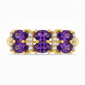 Anillo de compromiso de oro macizo de 14k con diamantes cultivados en laboratorio, corte ovalado, gema natural de amatista y conjunto de seis piedras en forma de barra. - Product Image 1