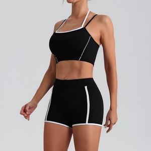 Conjunto de sujetador deportivo con cuello cuadrado y pantalones cortos de cintura alta para mujer, conjunto de yoga de 2 piezas elástico, de secado rápido y sin costuras con ribete en contraste - Product Image 2