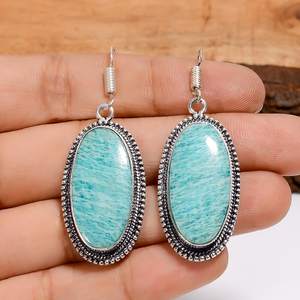 ต่างหูทรงรีอะเมโซไนต์ธรรมชาติเงินออกซิไดซ์สไตล์วินเทจเงินแท้ 925 เครื่องประดับโบฮีเมียนทำมือ ของขวัญสำหรับเธอ - Product Image 1