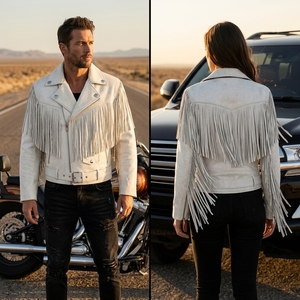 Premium White Cow Skin Leather Men's Windproof Fringe Vintage <b>Western</b> Cowboy Biker Style <b>Jacket</b> OEM Customization Available - Product Image 4