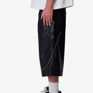 Men's Black PU Leather Capri <b>Shorts</b> With Rivet <b>Decoration</b> Gothic Style Mid Waist Elastic Closure - Product Image 2