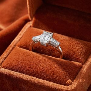925 Sterling <b>Silver</b> <b>Emerald</b> Cut Moissanite/Diamond Engagement <b>Ring</b> for Women, Three Stone <b>Ring</b> with Tapered Baguette Side - Product Image 5