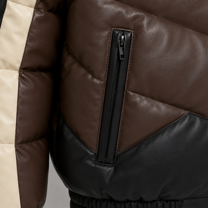 Blouson matelassé en cuir PU pour homme, coupe-vent, style motard, col montant, color block, épais, coupe classique, hiver - Product Image 5
