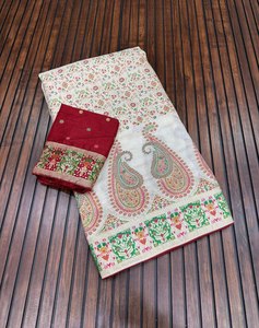 Traditional Indian Silk <b>Saree</b> with Floral and Paisley Print <b>Red</b> Blouse Wedding Wear for Women - Product Image 1
