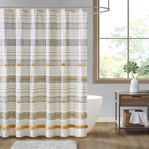 Tenda da doccia con stampa a righe in cotone con nappa accessorio da bagno elegante e resistente - Product Image 1