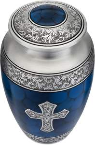 Urna de aluminio azul para cenizas humanas con diseño de cruz cristiana, urna funeraria metálica conmemorativa, tamaño adulto, urna de cremación de aluminio. - Product Image 5