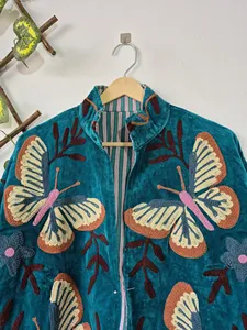 Premium Teal <b>Velvet</b> Suzani Embroidery <b>Jacket</b> With Butterfly Print Full Sleeve Stand Collar Boho Chic Women's Autumn Coat - Product Image 4