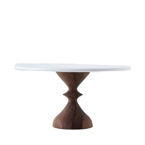 White <b>marble</b> <b>cake</b> <b>stand</b> with sculpted wooden base modern luxury dessert display for kitchen dining table dual tone <b>marble</b> & wood - Product Image 1