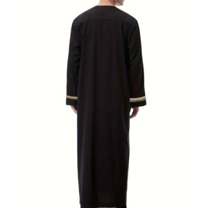 Túnica islámica de algodón 100% transpirable para hombre, estilo Thobe Jubbah, con bolsillo en el pecho, bordado negro liso y estampado de moda, tipo Abaya Thawb de Dubái. - Product Image 3