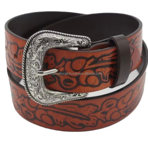 Ceinture en cuir classique pour homme, gravée à la main avec des motifs floraux, style western, avec boucle de cowboy plaquée argent - Product Image 4