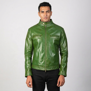 Veste en cuir d'agneau véritable pour homme, logo personnalisé, vert métallisé, style motard, vestes pour homme - Product Image 1