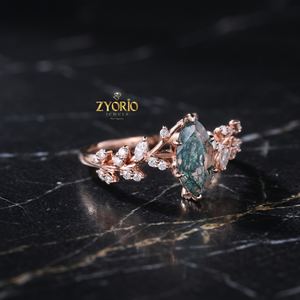 Anillo de compromiso de oro de 14 quilates con ágata marquesa y diseño de hoja de vid inspirado en la naturaleza - Product Image 1