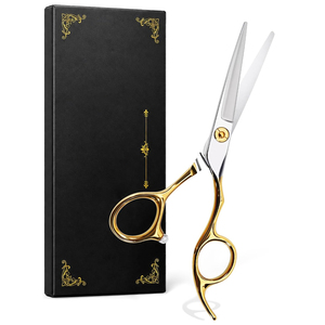 Ciseaux professionnels pour la coupe de cheveux, finition dorée, verre trempé, avec élégante boîte cadeau, pour les acheteurs en gros, emballage personnalisé - Product Image 1