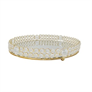 Round <b>Mirrored</b> Storage Tray <b>With</b> <b>Crystal</b> Beads Gold Frame Modern Luxury Design For Table Use - Product Image 1