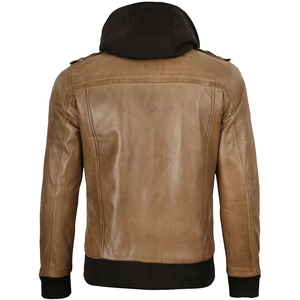 Veste en cuir marron pour homme de qualité supérieure avec capuche amovible, coupe ajustée, style vintage, veste de motard, veste bomber, manteau d'hiver décontracté - Product Image 3