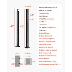 Palo per Ringhiera in Acciaio Inox (1 Pezzo) per Scale e Terrazze a Livello, 42x2x2 Pollici, con Picchetti Pre-Forati per Montaggio - Product Image 4