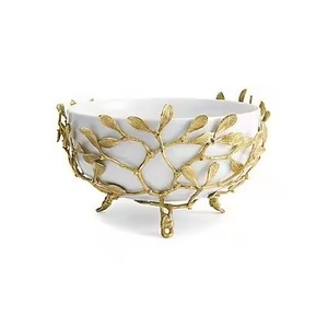 Cuenco para Servir de Acero Inoxidable Esmaltado Blanco, Soporte de Latón Fundido con Hojas Botánicas Doradas, para Buffet y Fiestas - Product Image 1
