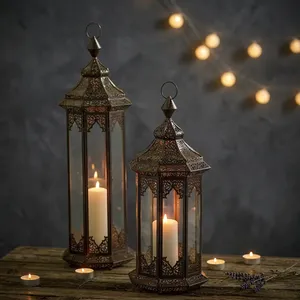 Ensemble de 2 lanternes à bougies en fer de style marocain, porte-bougie décoratif en métal, découpes complexes, fait main, imperméable, pour la maison, Noël - Product Image 2