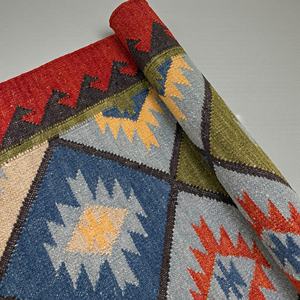 Tapis Kilim en Laine Fait Main Moderne, Motif Abstrait Palmier Tropical Rose et Vert Sarcelle, Tapis Traditionnel à Motifs Géométriques et Tribaux en Diamant - Product Image 6