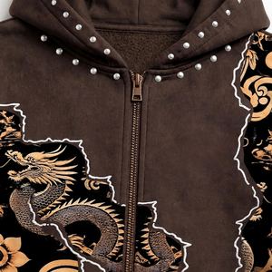 Custom Brown Gold Dragon Studded Zip Up <b>Hoodie</b> <b>Men's</b> Luxury Oriental Print <b>Sherpa</b> Lined Fleece Sweatshirt OEM Wholesale - Product Image 5