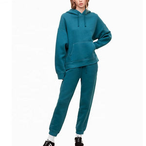Women's Winter Casual Sportswear 2-<b>Piece</b> <b>Set</b> Custom Logo Solid Black Fleece Sweat Suit Pullover Hoodie Pants Short Top - Product Image 3