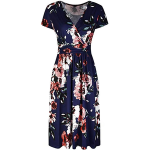 Wholesale Customized High-Quality Women's Summer Retro Digital Printing V-Neck Short Sleeve Midi A-Line Casual <b>Dresses</b> - Product Image 3