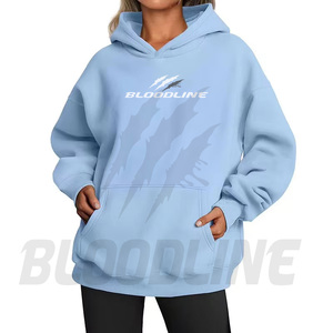 เสื้อฮู้ด BLOODLINE สีฟ้าอ่อน ยูนิเซ็กส์ พิมพ์ลายดิจิทัล โลโก้ด้านหน้า ทรงปกติ สไตล์ฮิปฮอป ผ้าฝ้าย 100% เฟรนช์เทอร์รี่ - Product Image 6