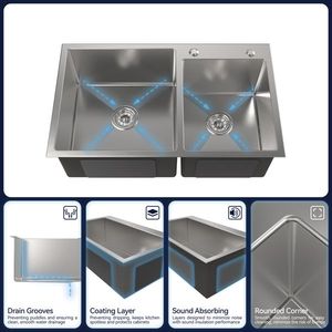 32\"x 19\"x 10\" Satin Stainless Steel S304 Handmade Embedded Double Bowl <b>Kitchen</b> <b>Sink</b> Household Thick Dishwasher-Friendly - Product Image 2