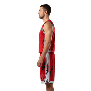 Conjunto de uniforme de baloncesto para hombre, camiseta y pantalones cortos, cuello redondo, sin mangas, dobladillo a rayas, diseño lateral en contraste, nombre impreso, número, kit de equipo - Product Image 5