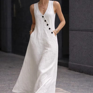 Women Linen Midi Dress Sleeveless V Neck A-Line Dress Button Detail Casual Summer Dress Loose Fit Pockets Dress - Product Image 1