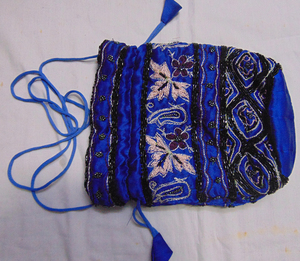 Blue Silk Embroidered Drawstring Bag Bohemian Style Daily Use Handmade Beaded Potli Bags Lowellcraft.com Cotton Lining - Product Image 2