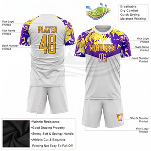 Custom Printed Soccer Jersey Set <b>White</b> for Yellow Team Name Number Short Sleeve V-neck Quick Dry Athletic Polyester Unisex - Product Image 3