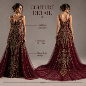 Luxury Burgundy Gold Embroidered Mermaid Evening Gown V Neck Sleeveless <b>Flared</b> Train Dress | OEM Private Label Bulk Supply India - Product Image 5