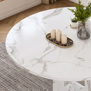 Tavolo da Pranzo Rotondo da 120 cm per 4 Persone, Stile Rustico in MDF con Finitura Bianca Effetto Marmo, Facile Montaggio, Capacità 136 kg, per Cucina/Sala da Pranzo - Product Image 4