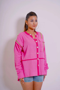Blusa de Mujer de Pana Rosa, Manga Larga, Cierre de Botones, Bolsillo de Parche, Corte Holgado Informal, Transpirable y Resistente a las Arrugas - Product Image 3