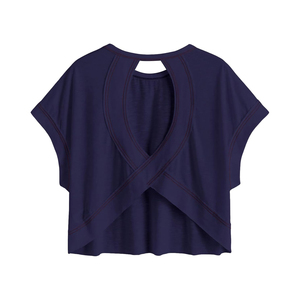 Top Corto de Mujer Azul Claro de Color Sólido con Manga Casquillo, Espalda Cruzada Asimétrica, Tejido Transpirable y Ajuste Holgado para Primavera Verano - Product Image 2