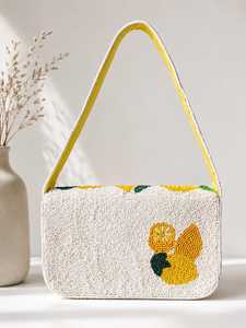 Cadenas para Bolsos de Hombro Hechas a Mano con Cuentas de Limón y Bordado |   Bolso de Viaje Tejido con Diseño de Cítricos |   Bolso Bohemio de Cuentas Blancas Shah - Product Image 1