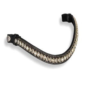 Bandeau de tête pour cheval en cuir véritable, orné de cristaux scintillants dorés et noirs, avec chaîne de diamants, forme incurvée, disponible en toutes tailles cob. - Product Image 1