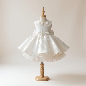 Robe de Demoiselle d'Honneur Minimaliste Ivoire Unie, Longueur Genou, Jupe en Satin, Doublure Respirante et Douce, Nœud Décoratif, Détail Perle, Manches Bouffantes - Product Image 1