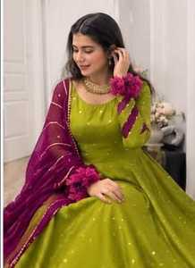 Robe Anarkali longue verte avec dupatta violet, tenue de mariage traditionnelle indienne et pakistanaise pour femmes, coupe ample en mousseline de soie - Product Image 5