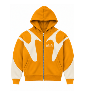 Golden <b>Orange</b> Contrast Panel Zip Up Hoodie Men Streetwear Full Zipper Long Sleeve Casual <b>Fleece</b> Hooded Jacket With Pockets - Product Image 1