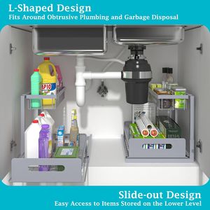 2-Tier Pull Out Slide Under-Sink Organizer <b>Kitchen</b> <b>Storage</b> Cabinet Shelves for Bathrooms and <b>Kitchens</b> - Product Image 3