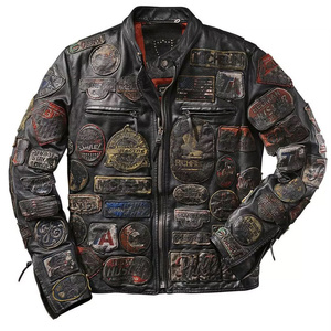 Veste de moto en cuir véritable pour homme avec broderie patchwork, col rabattable, fermeture éclair, style automne - Product Image 1