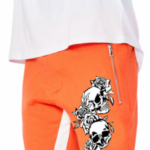Pantalon évasé orange pour homme avec imprimé crâne et rose, taille élastique avec cordon de serrage, joggers décontractés, style été - Product Image 3
