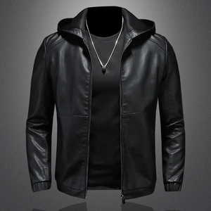 Custom Black PU Leather Formal Hooded Zip up Loose Fit Coated <b>Jacket</b> Men OEM ODM Supplier - Product Image 6