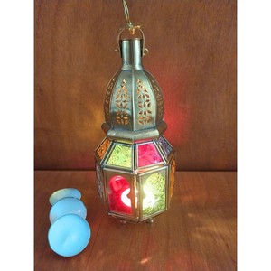 Luxurious Hexagon <b>Brass</b> <b>Lantern</b> With Colored Glass Panels For Home Decoration Durable Finish - Product Image 2
